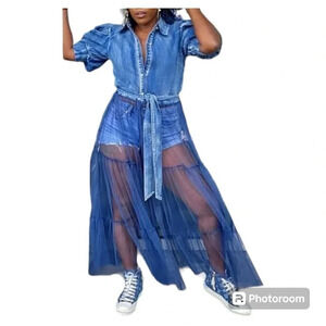 XPLUS WEAR Short Puffed Sleeves Tie Waist Tiered Tulle Hem Denim Blouse size 3XL